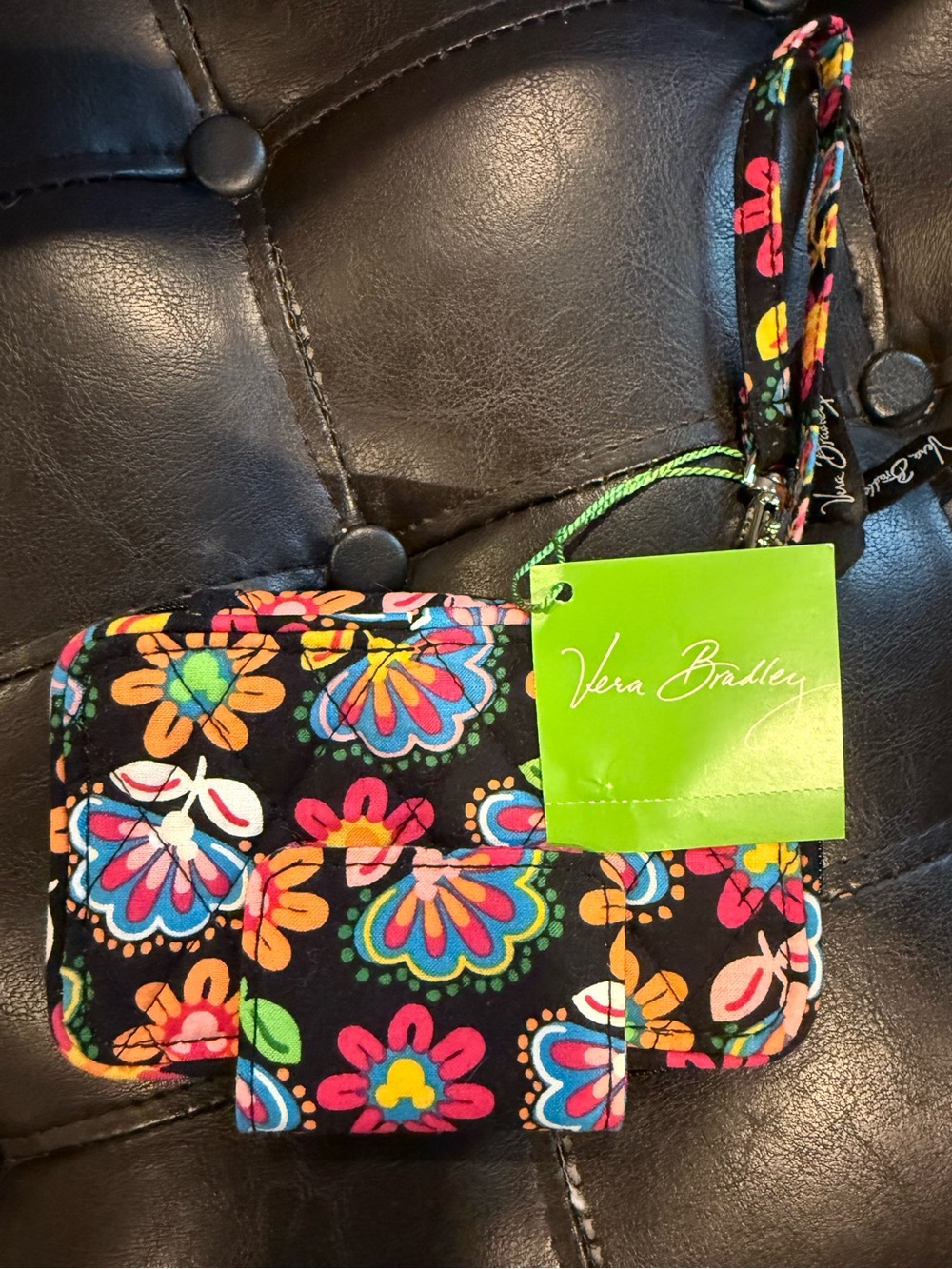 Vera Bradley Black Floral Wristlet with Multicolor Blooms NWT